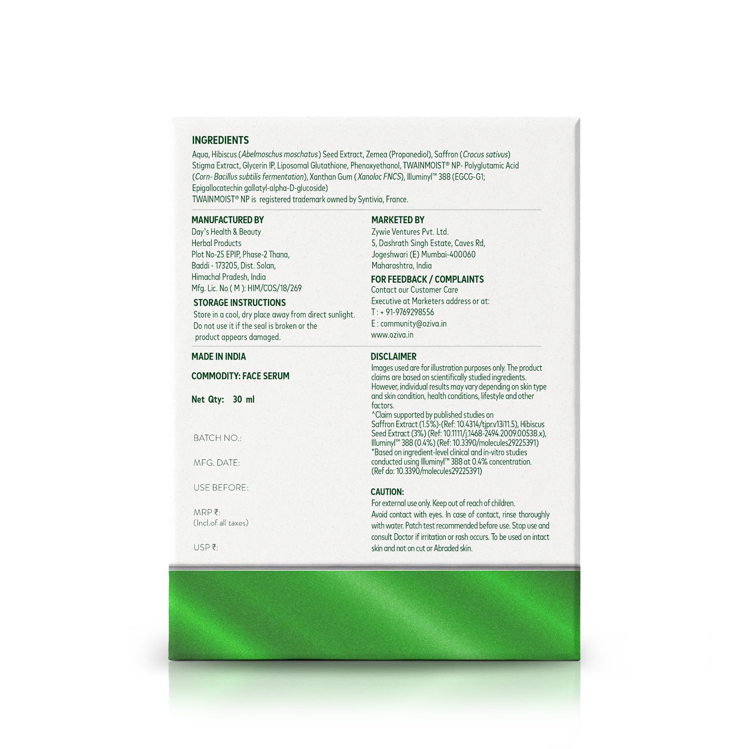 OZiva Gluta Brightening Serum, 30ml, Plant-Based Formula with Green Tea Extract, Liposomal Glutathione, Saffron and Hibiscus 