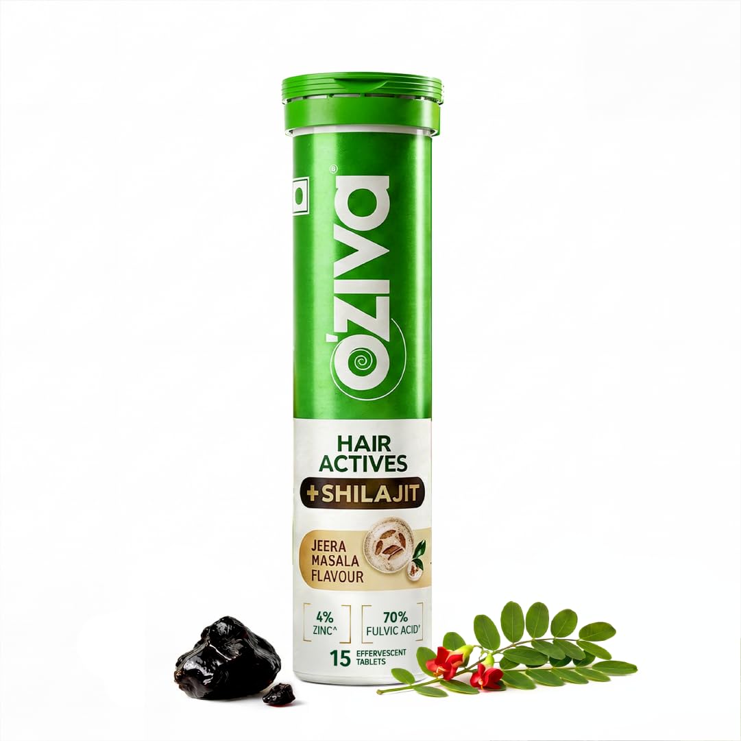 OZiva Hair Actives Shilajit Supplement, 15 Effervescent Tablets, Jeera Masala Flavor, Herbal