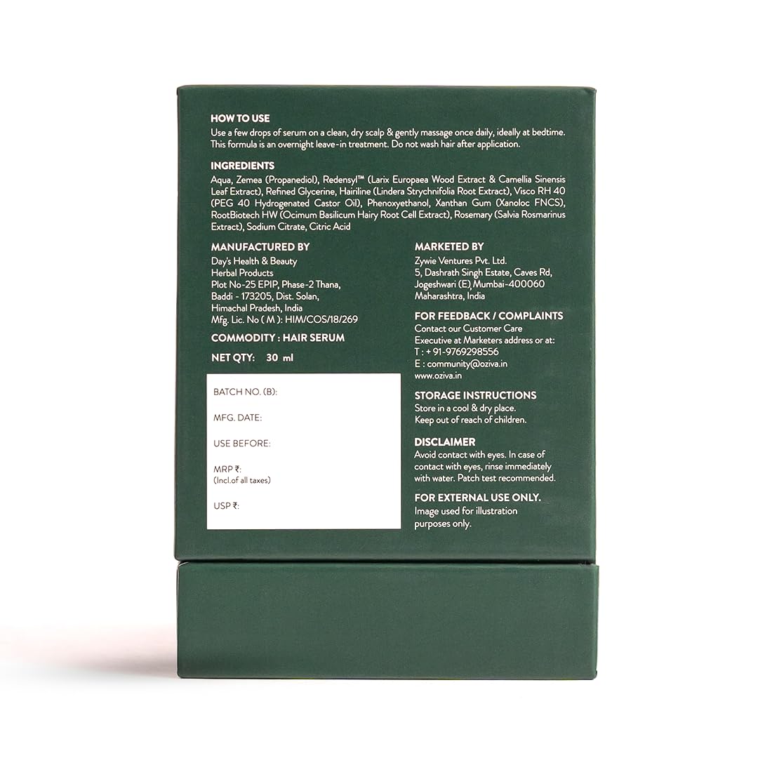 OZiva Hair Growth Serum for Scalp with Redensyl and Lindera Root Extract - size and scale