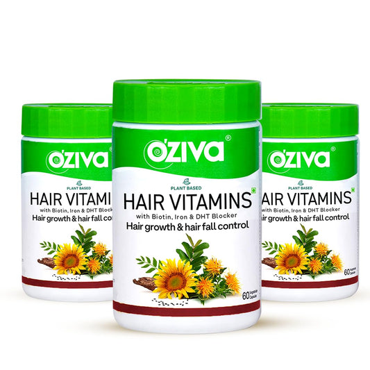 OZiva Hair Vitamins, 180 Capsules, Plant-Based Biotin, Iron, Zinc, Multivitamin Supplement