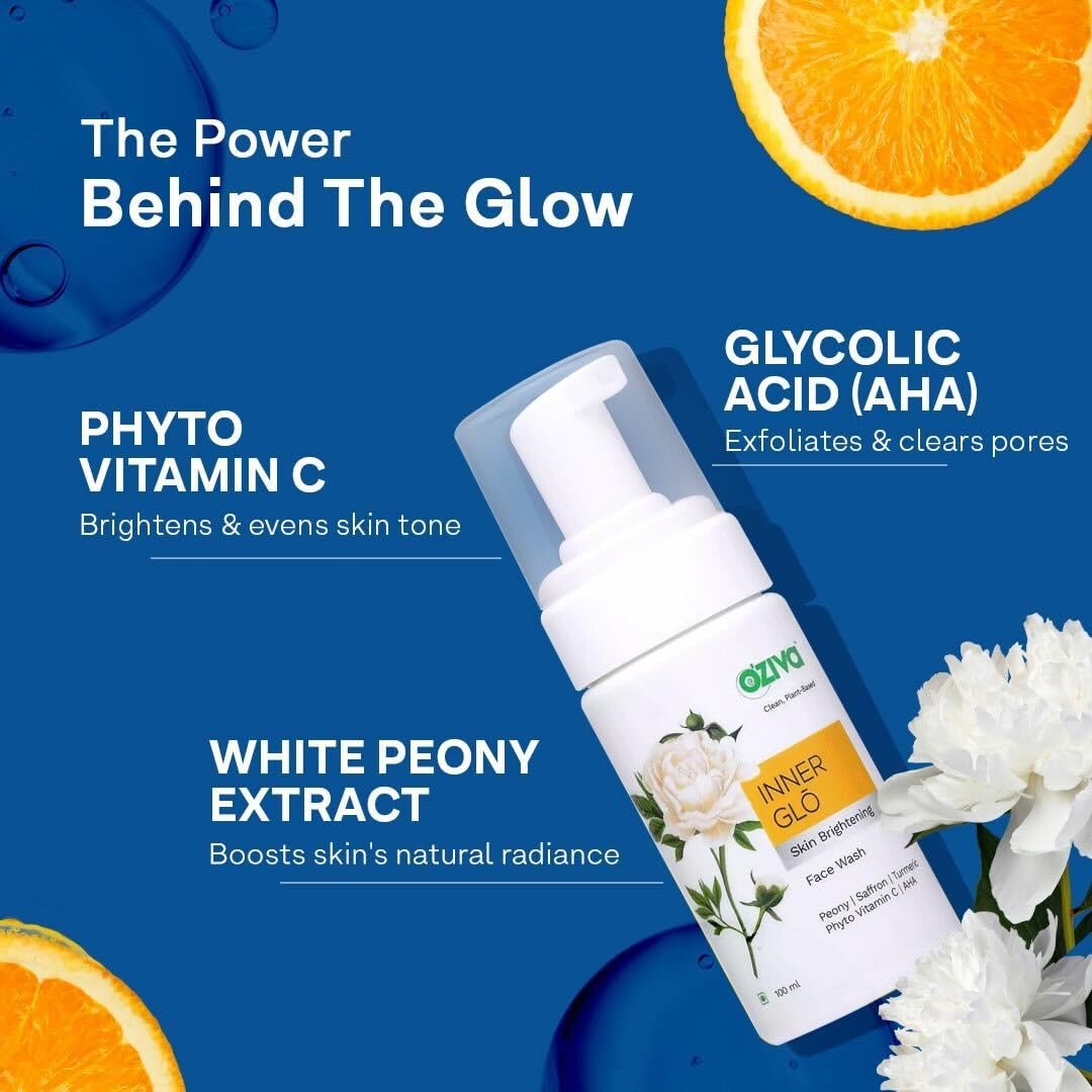 OZiva Inner Glo Face Wash with White Peony, Vitamin C & AHA, 100ml, Adult Unisex - label detail