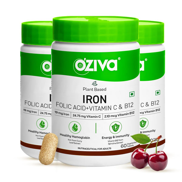 OZiva Iron Mineral Supplement with Folic Acid Vitamin C B12, 180 Adult Tablets, Vegan Plant-Based Formula