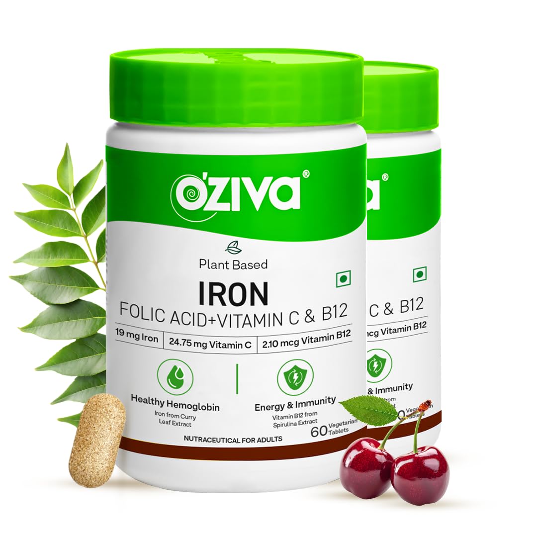 OZiva Iron Mineral Supplement with Folic Acid Vitamin C B12, 180 Adult Tablets, Vegan Plant-Based Formula (10)