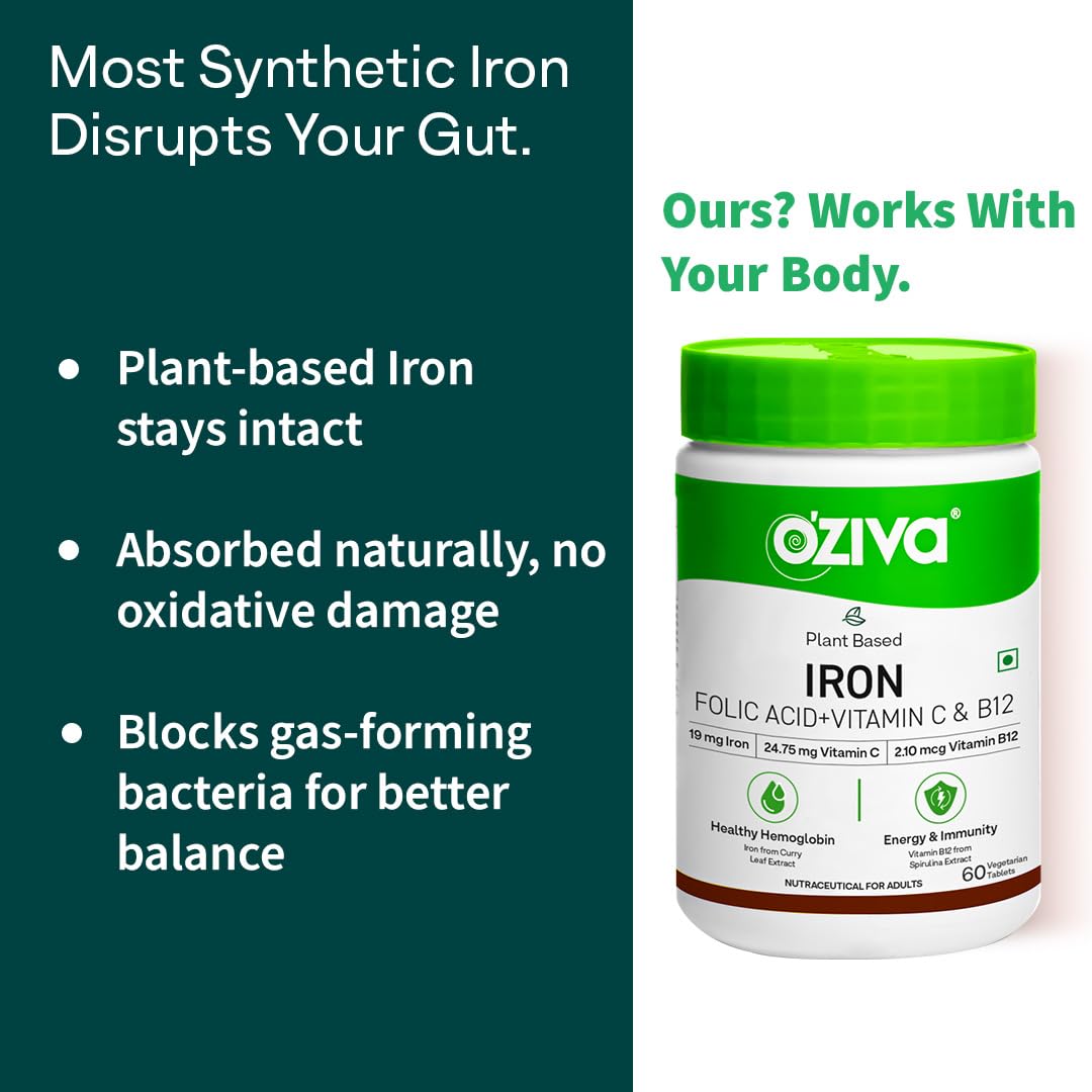 OZiva Iron Mineral Supplement with Folic Acid Vitamin C B12, 180 Adult Tablets, Vegan Plant-Based Formula - label detail
