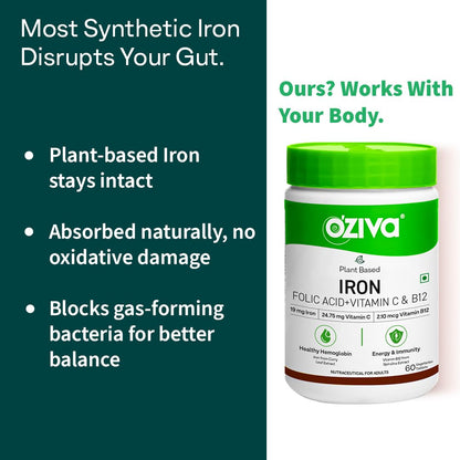OZiva Iron Mineral Supplement with Folic Acid Vitamin C B12, 180 Adult Tablets, Vegan Plant-Based Formula - label detail