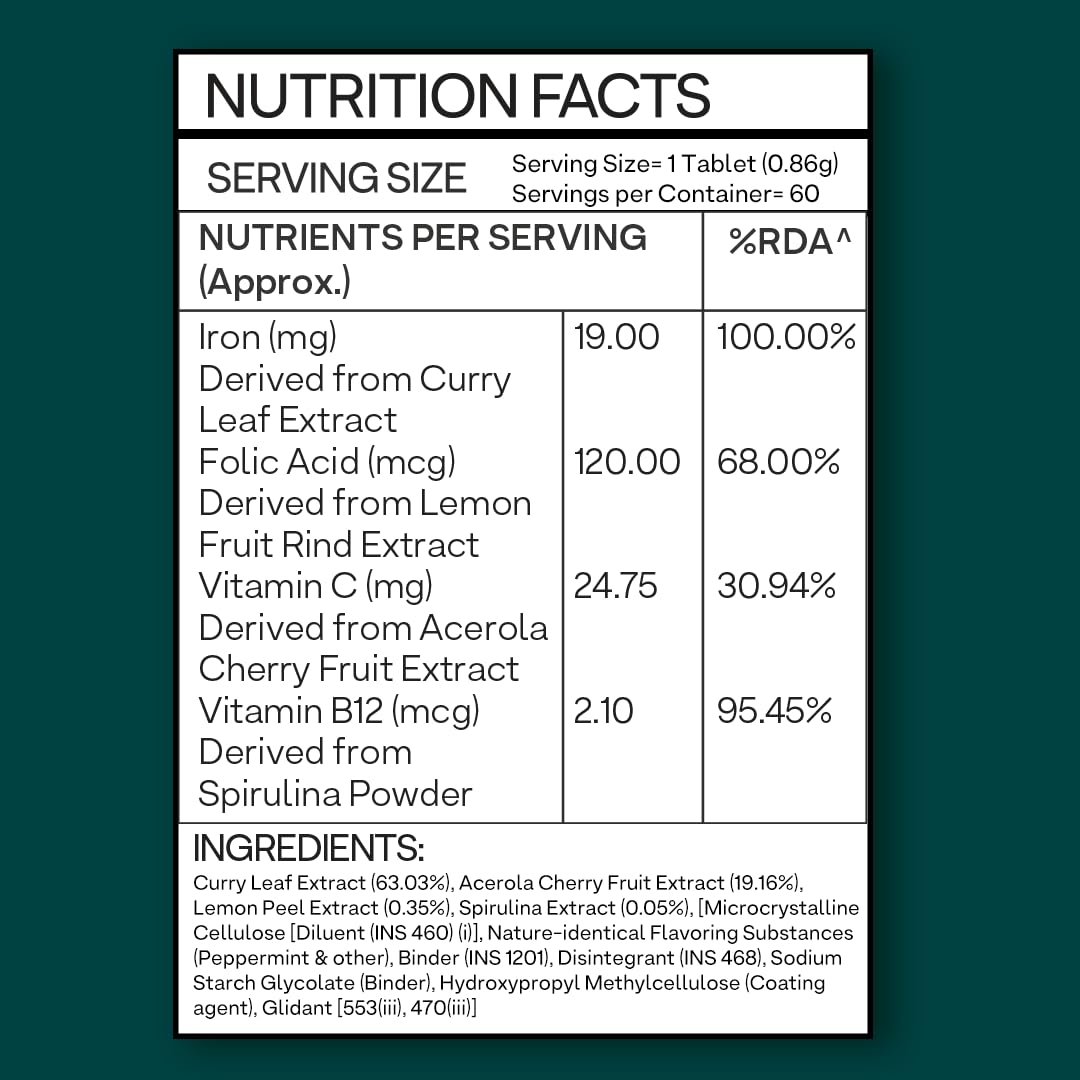 OZiva Iron Mineral Supplement with Folic Acid Vitamin C B12, 180 Adult Tablets, Vegan Plant-Based Formula - close-up detail
