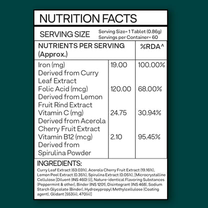 OZiva Iron Mineral Supplement with Folic Acid Vitamin C B12, 180 Adult Tablets, Vegan Plant-Based Formula - close-up detail