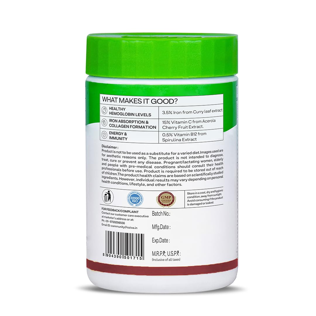 OZiva Iron Mineral Supplement with Folic Acid Vitamin C B12, 180 Adult Tablets, Vegan Plant-Based Formula - size and scale