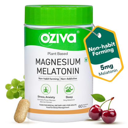 OZiva Magnesium + Melatonin, Stress & Anxiety, Sleep, Bacopa, 60 Tabs