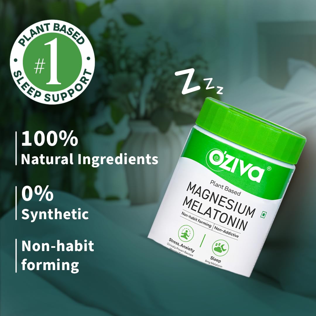 OZiva Magnesium + Melatonin, Stress & Anxiety, Sleep, Bacopa, 60 Tabs - back view