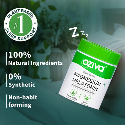 OZiva Magnesium + Melatonin, Stress & Anxiety, Sleep, Bacopa, 60 Tabs - back view