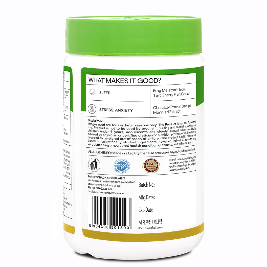 OZiva Magnesium + Melatonin, Stress & Anxiety, Sleep, Bacopa, 60 Tabs - size and scale