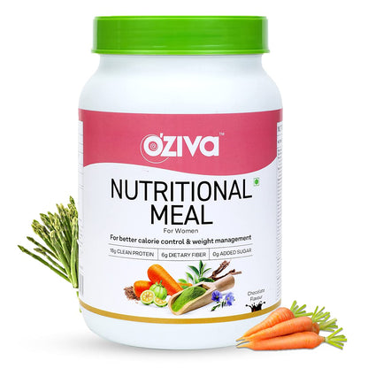 OZiva Nutritional Meal Women High Protein Meal Replacement Shake, Chocolate, 1kg, with Shatavari Brahmi Ginseng Flax Seeds, G