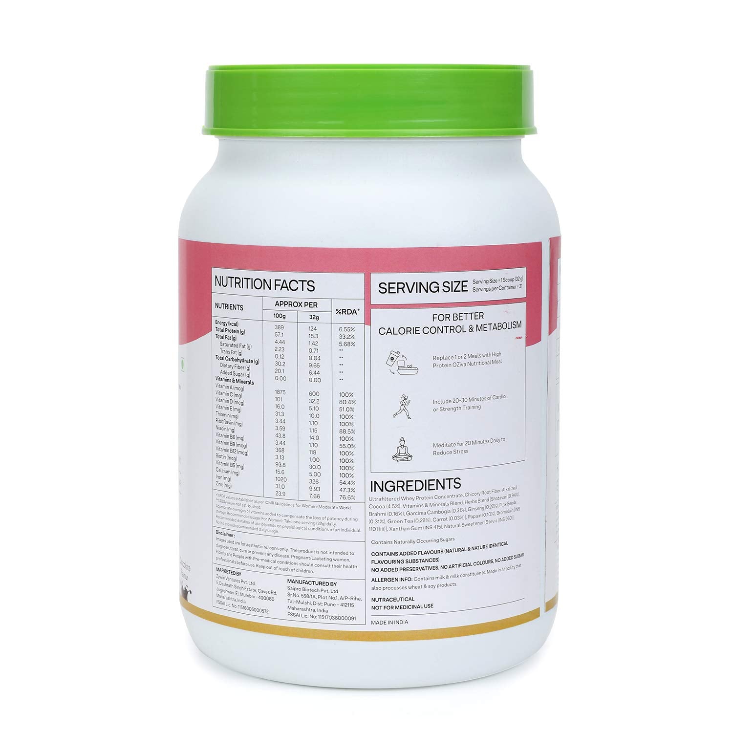 OZiva Nutritional Meal Women High Protein Meal Replacement Shake, Chocolate, 1kg, with Shatavari Brahmi Ginseng Flax Seeds, G