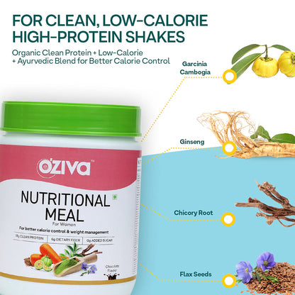 OZiva Nutritional Meal Women High Protein Meal Replacement Shake, Chocolate, 1kg, with Shatavari Brahmi Ginseng Flax Seeds, G