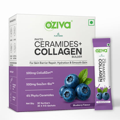 OZiva Phyto Ceramides Collagen Builder, Blueberry, 30 Sachets, Plant-Based Supplement