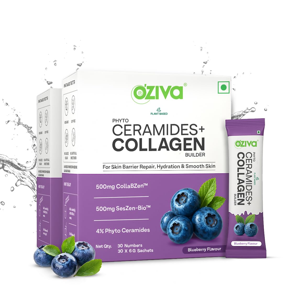 OZiva Phyto Ceramides Collagen Builder, Blueberry, 30 Sachets, Plant-Based Supplement (10)
