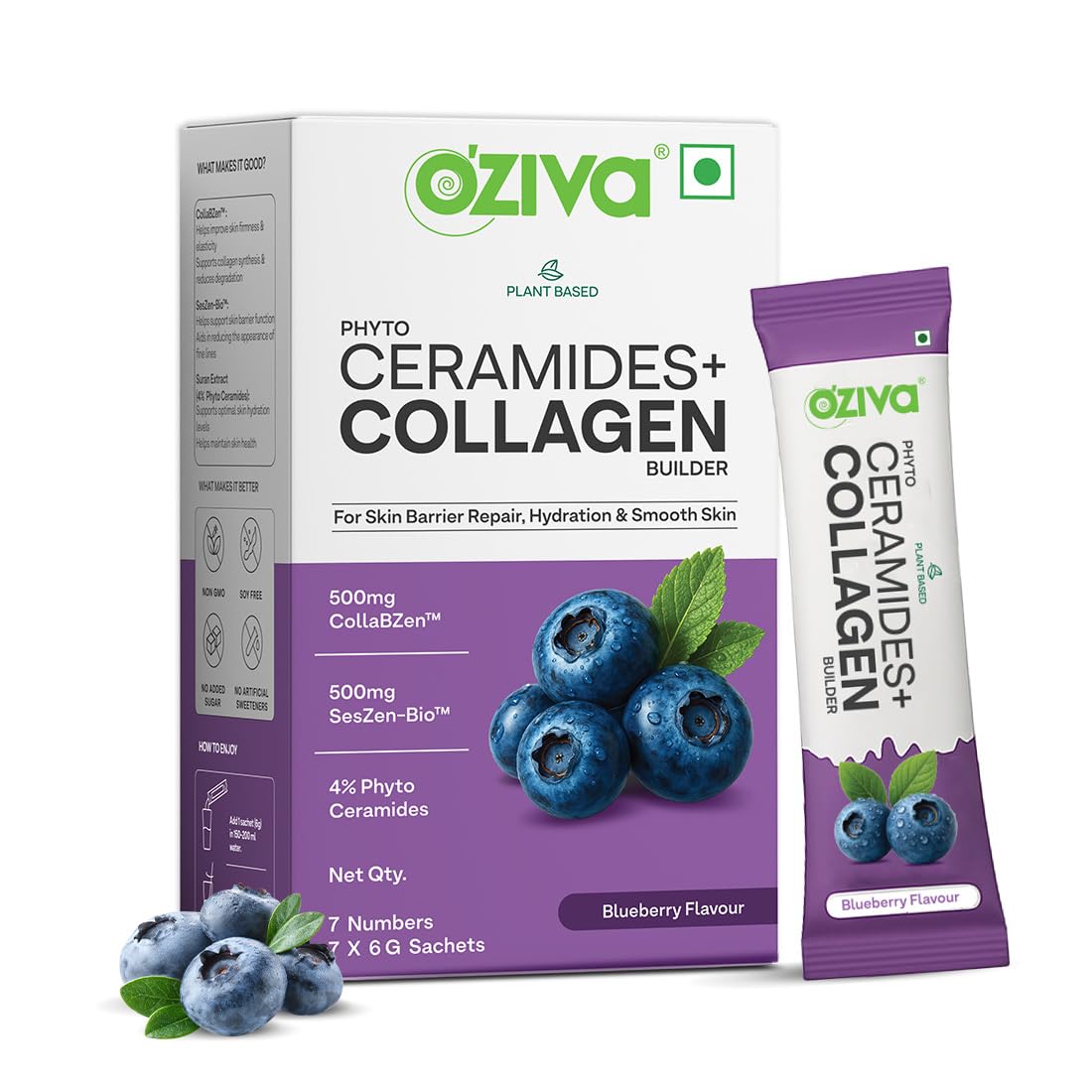OZiva Phyto Ceramides Collagen Builder, Blueberry, 30 Sachets, Plant-Based Supplement (12)
