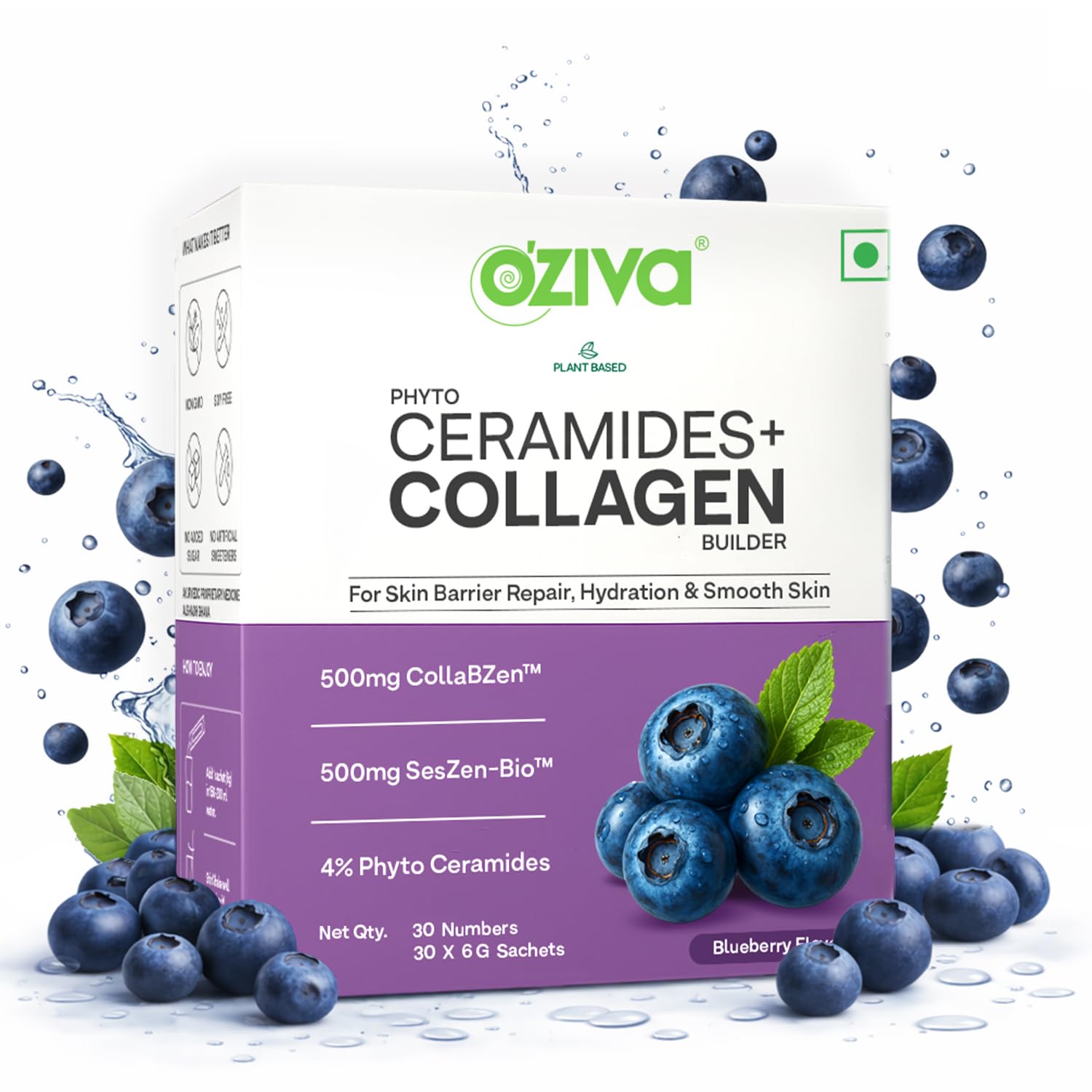 OZiva Phyto Ceramides Collagen Builder, Blueberry, 30 Sachets, Plant-Based Supplement - front view