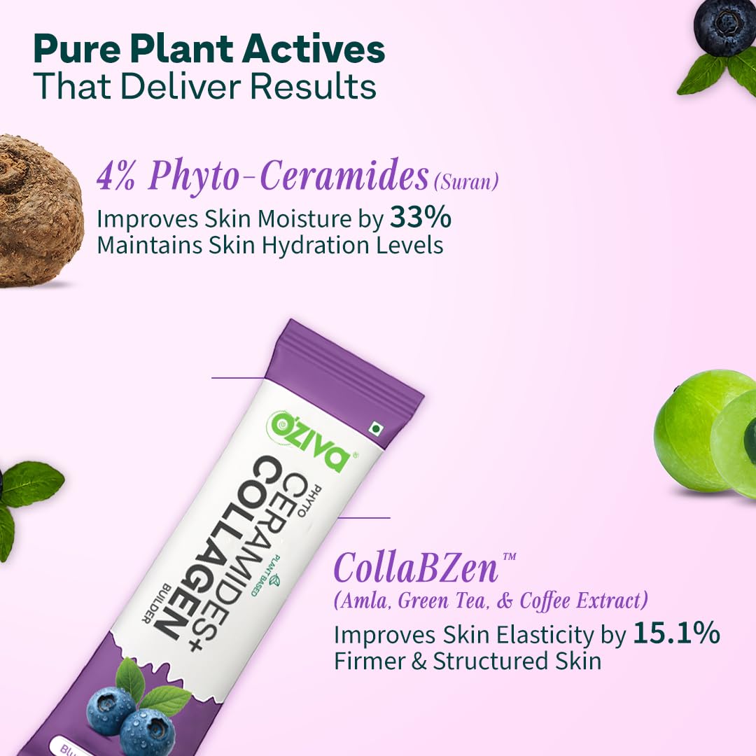 OZiva Phyto Ceramides Collagen Builder, Blueberry, 30 Sachets, Plant-Based Supplement - back view