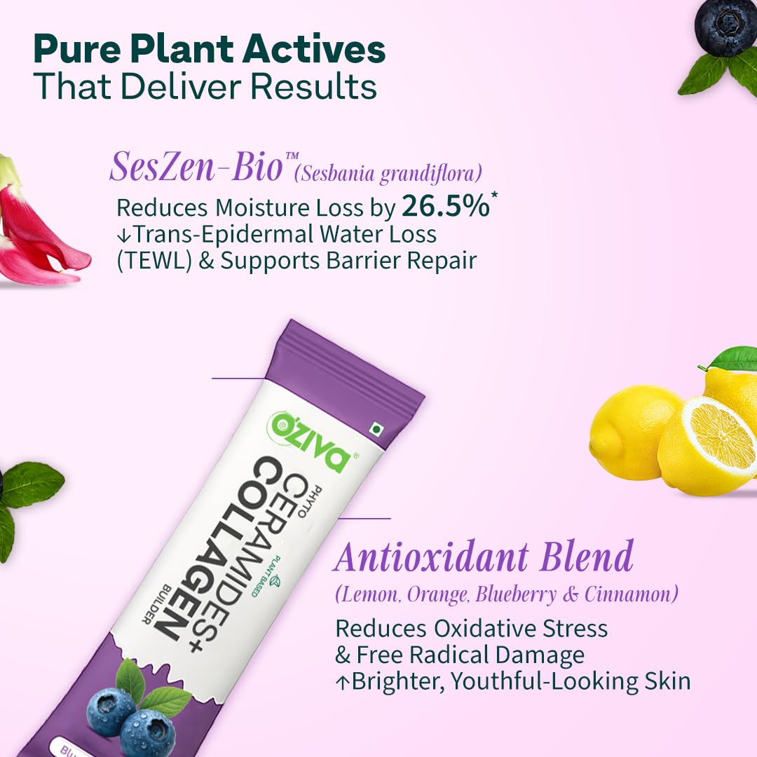 OZiva Phyto Ceramides Collagen Builder, Blueberry, 30 Sachets, Plant-Based Supplement - packaging