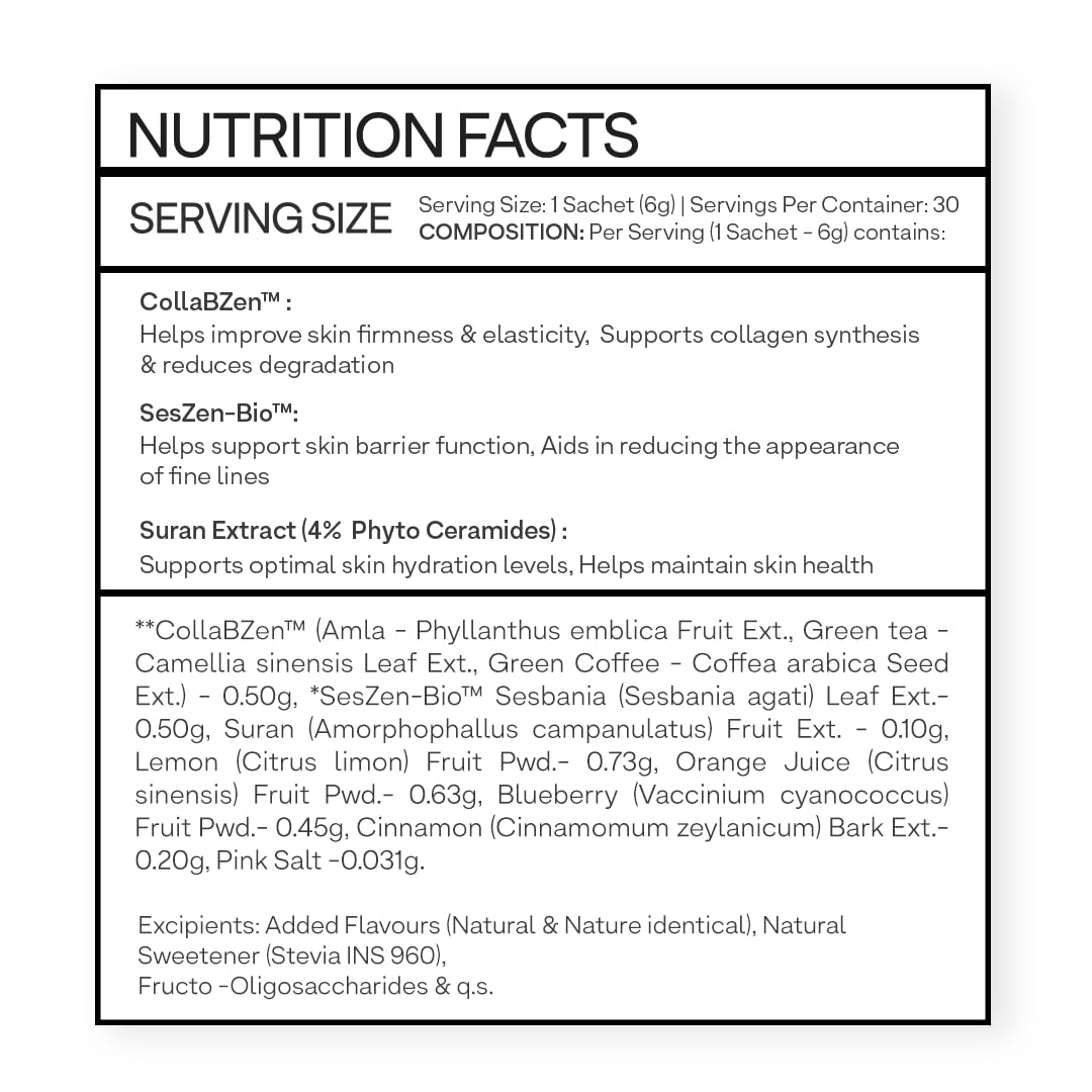 OZiva Phyto Ceramides Collagen Builder, Blueberry, 30 Sachets, Plant-Based Supplement - ingredients panel