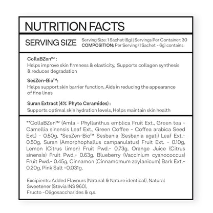 OZiva Phyto Ceramides Collagen Builder, Blueberry, 30 Sachets, Plant-Based Supplement - ingredients panel