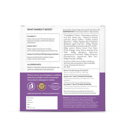 OZiva Phyto Ceramides Collagen Builder, Blueberry, 30 Sachets, Plant-Based Supplement - size and scale