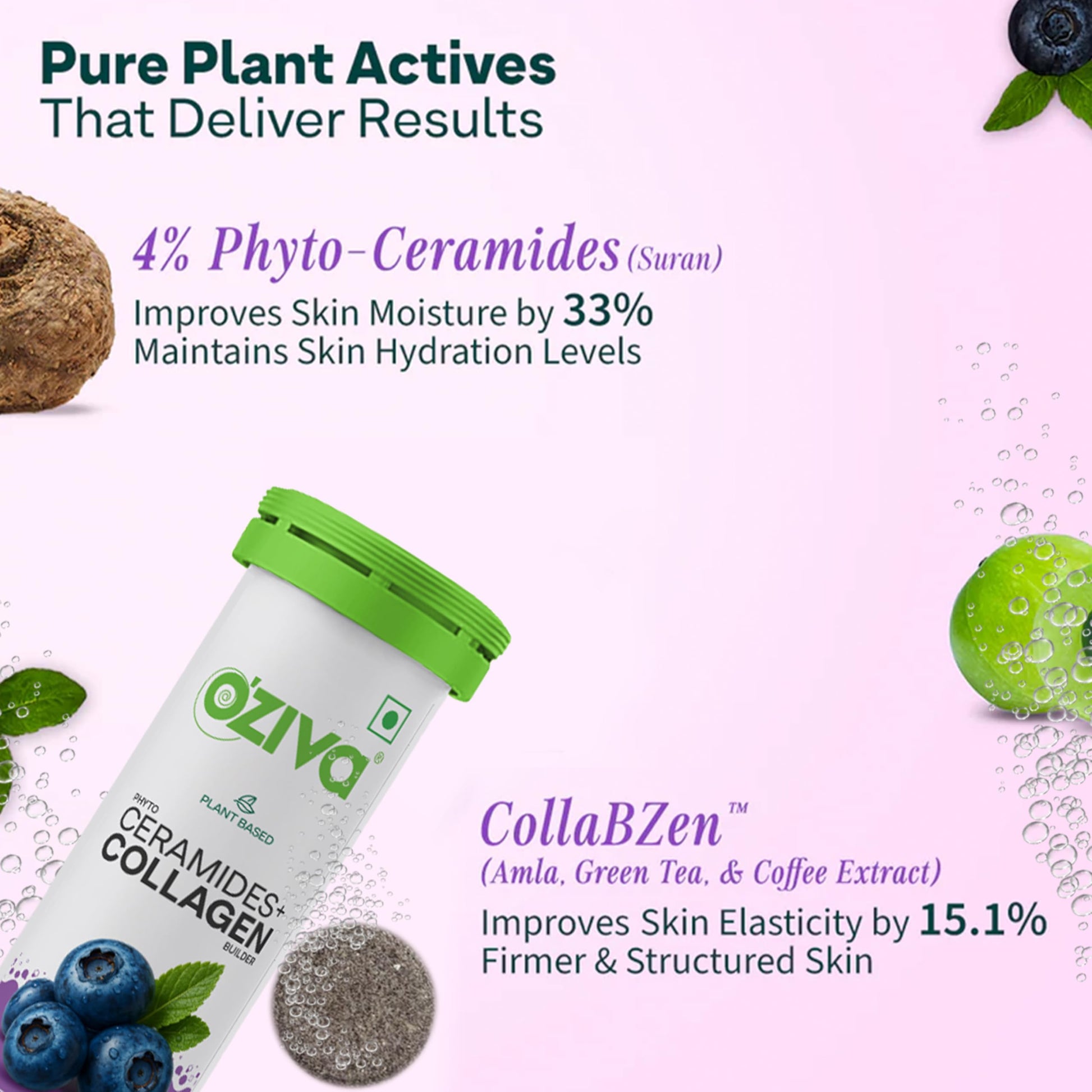 OZiva Phyto Ceramides+ Collagen Builder Tablets, 30 Tabs, Unisex Adult Nutritional Supplement - front view