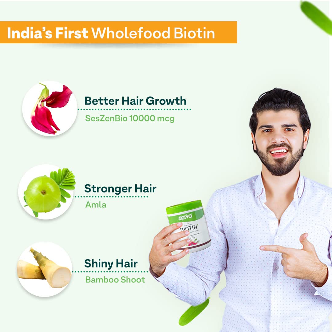 OZiva Plant Based Biotin Powder Supplement, 125g, Lemon Flavor, Certified Clean & Vegan, No Soy/Gluten