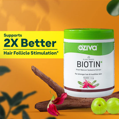 OZiva Plant Based Biotin Powder Supplement, 125g, Lemon Flavor, Certified Clean & Vegan, No Soy/Gluten - front view
