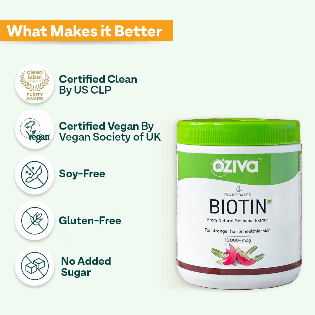 OZiva Plant Based Biotin Powder Supplement, 125g, Lemon Flavor, Certified Clean & Vegan, No Soy/Gluten - label detail