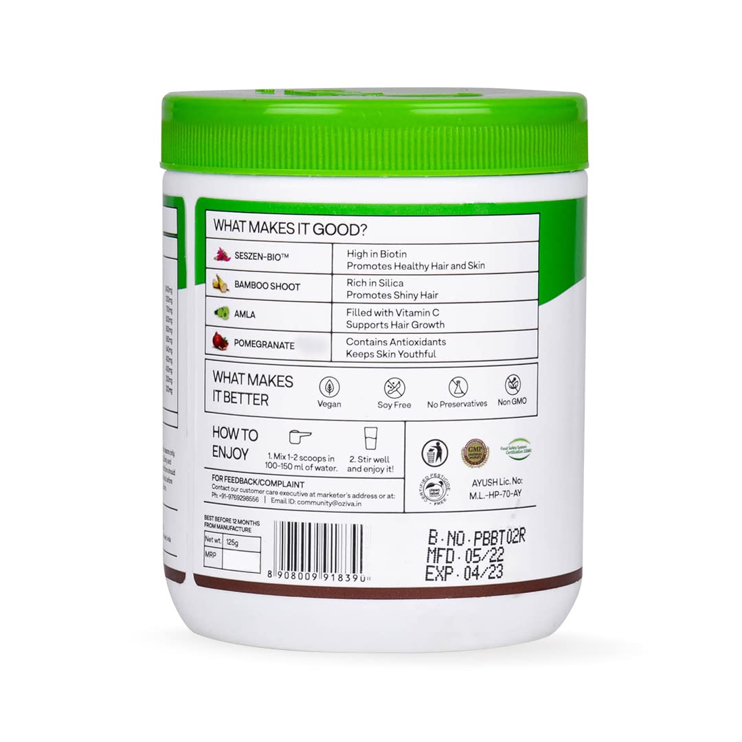 OZiva Plant Based Biotin Powder Supplement, 125g, Lemon Flavor, Certified Clean & Vegan, No Soy/Gluten - size and scale