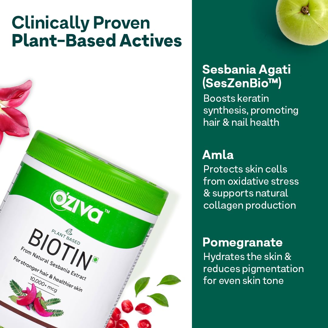 OZiva Plant Based Biotin Powder with Sesbania Agati, 125g, Vegan, Certified Clean, Gluten & Soy Free