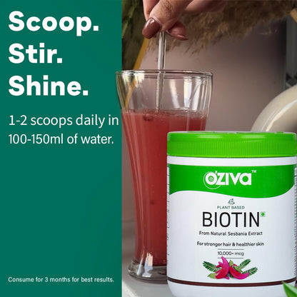 OZiva Plant Based Biotin Powder with Sesbania Agati, 125g, Vegan, Certified Clean, Gluten & Soy Free - label detail