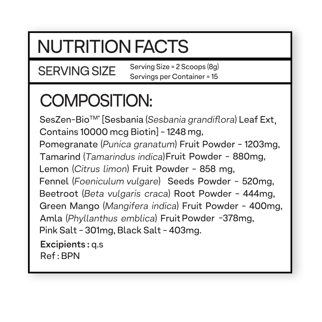 OZiva Plant Based Biotin Powder with Sesbania Agati, 125g, Vegan, Certified Clean, Gluten & Soy Free - close-up detail