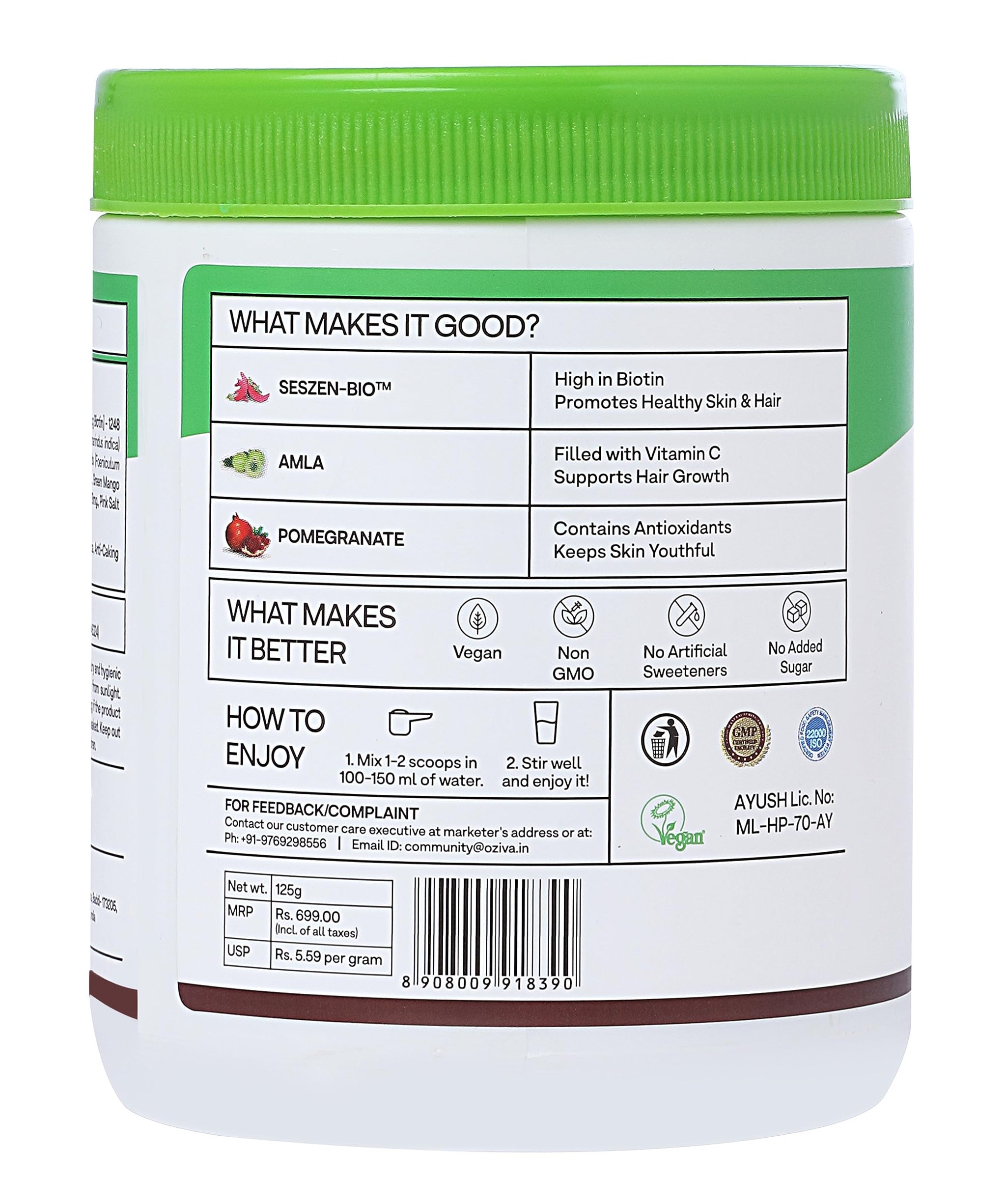 OZiva Plant Based Biotin Powder with Sesbania Agati, 125g, Vegan, Certified Clean, Gluten & Soy Free - size and scale