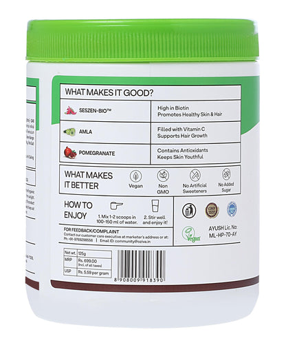 OZiva Plant Based Biotin Powder with Sesbania Agati, 125g, Vegan, Certified Clean, Gluten & Soy Free - size and scale