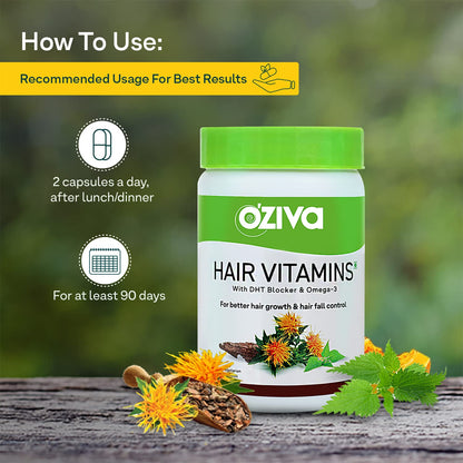 OZiva Plant Based Biotin Xtra Vitamin B7 Supplement, 60 Capsules, Soy-Free, Gluten-Free - size and scale