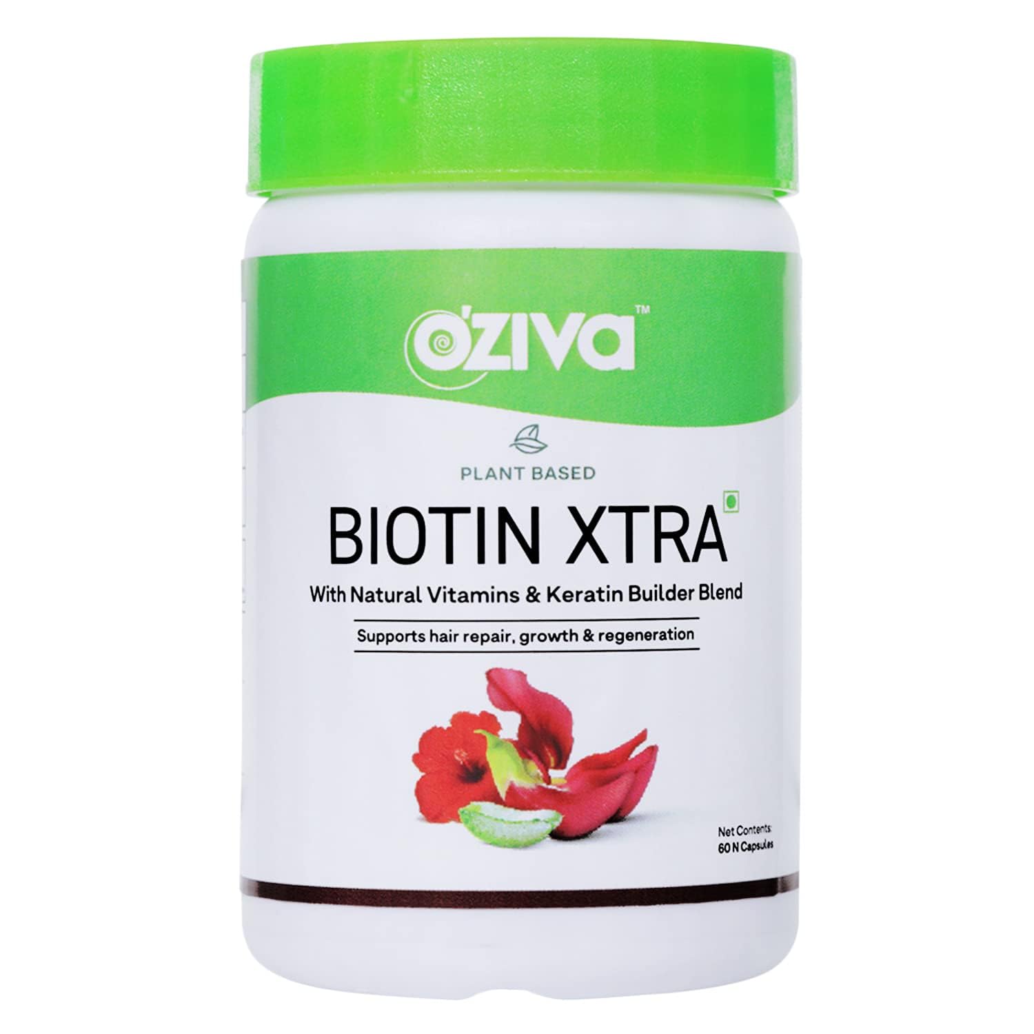 OZiva Plant Based Biotin Xtra Vitamin B7 Supplement, 60 Capsules, Soy-Free, Gluten-Free - front view (19)