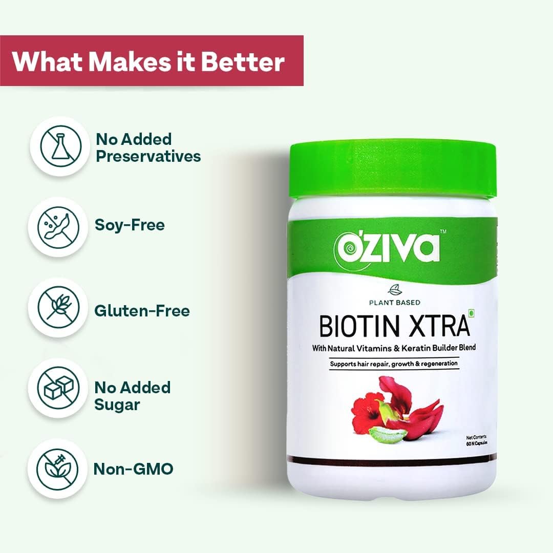 OZiva Plant Based Biotin Xtra Vitamin B7 Supplement, 60 Capsules, Soy-Free, Gluten-Free - packaging (21)