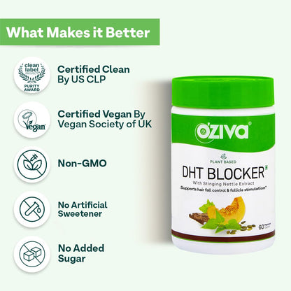 OZiva Plant Based DHT Blocker for Hair Fall Control & Hair Follicle Stimulation|100% Natural DHT Blocker Tablet with Stinging