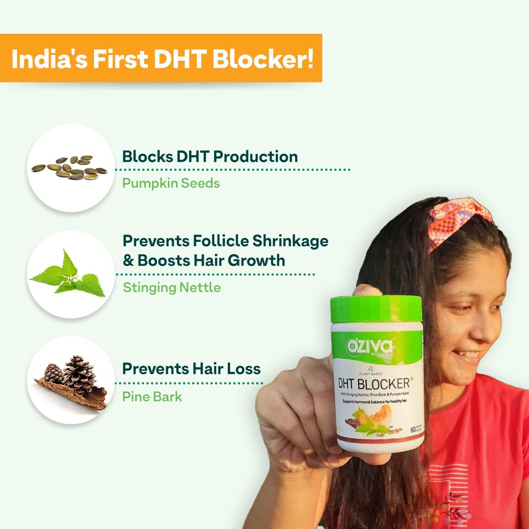 OZiva Plant Based DHT Blocker for Hair Fall Control & Hair Follicle Stimulation|100% Natural DHT Blocker Tablet with Stinging