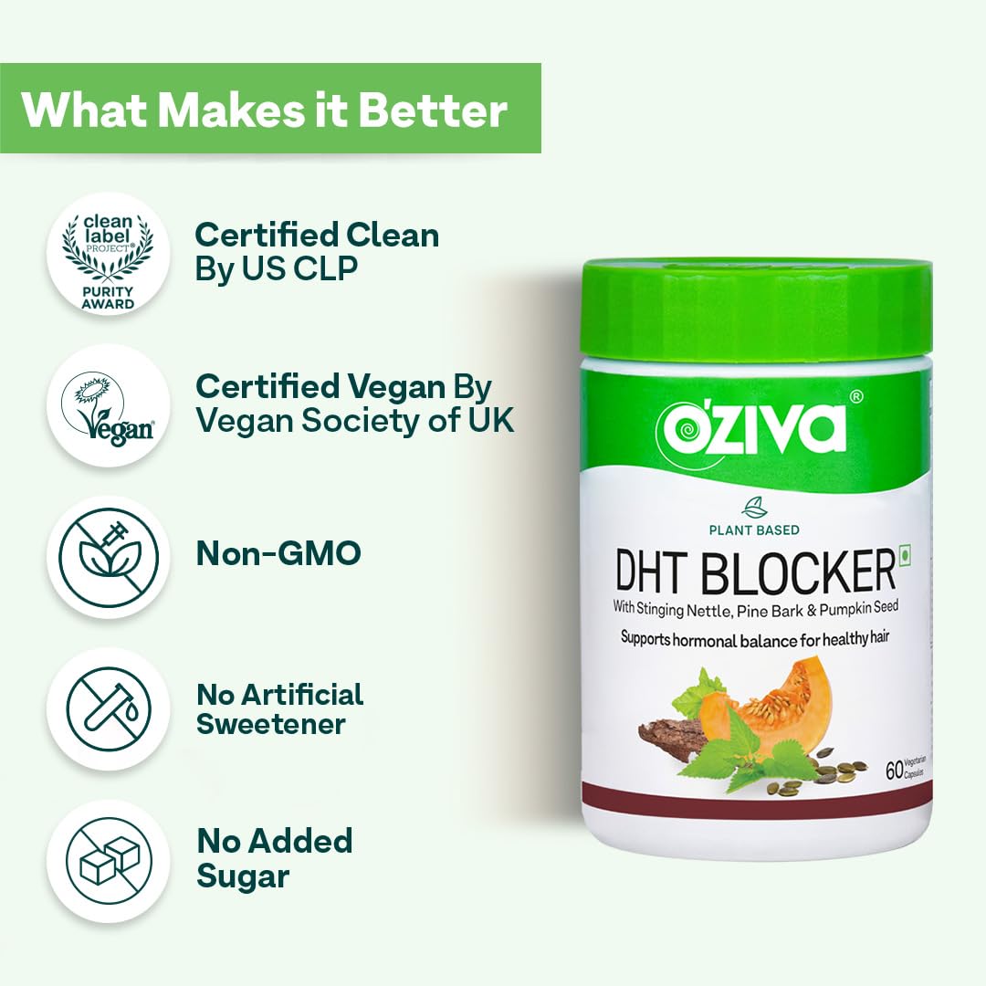 OZiva Plant Based DHT Blocker for Hair Fall Control & Hair Follicle Stimulation|100% Natural DHT Blocker Tablet with Stinging