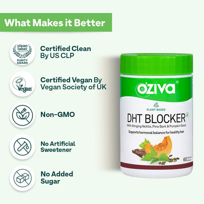 OZiva Plant Based DHT Blocker for Hair Fall Control & Hair Follicle Stimulation|100% Natural DHT Blocker Tablet with Stinging