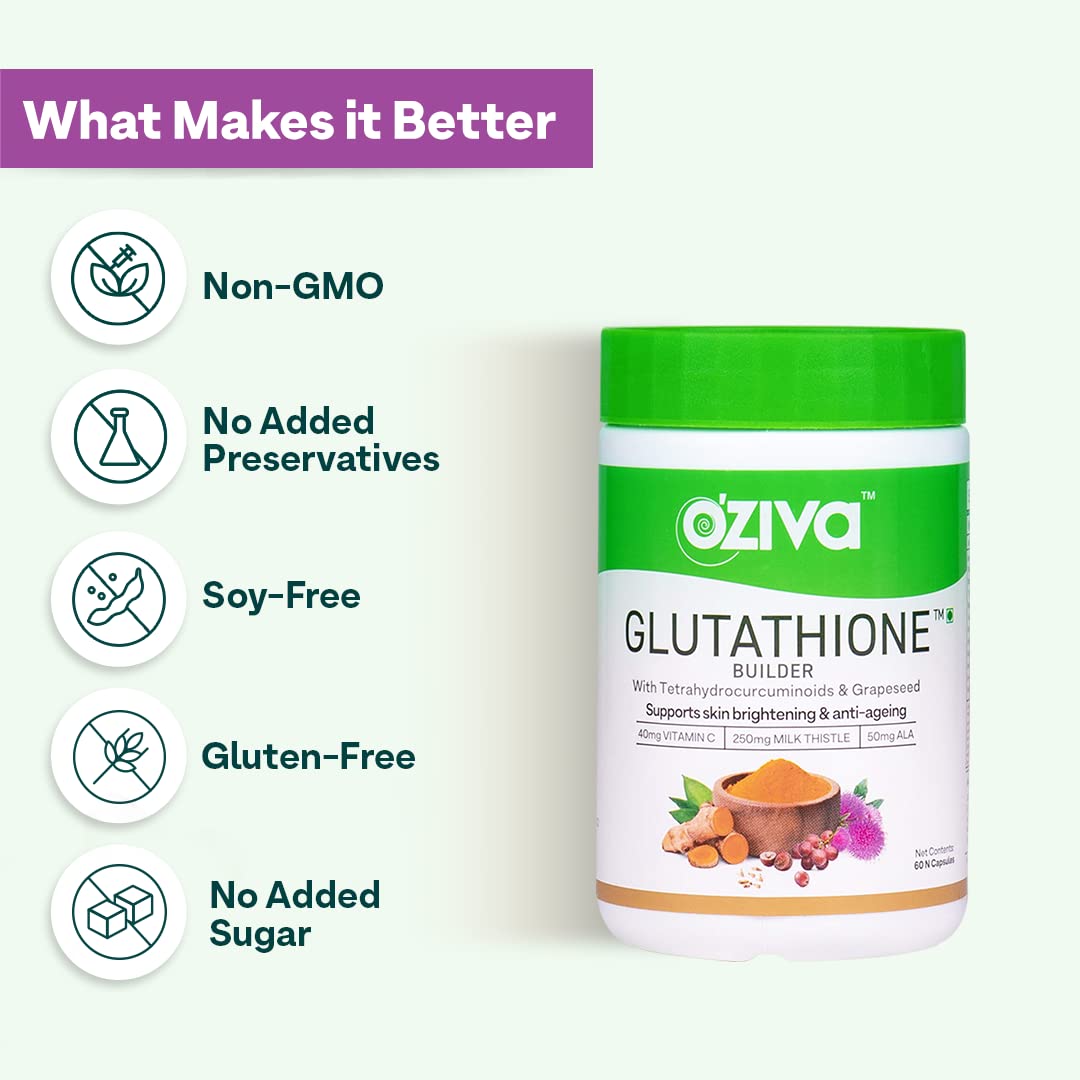 OZiva Plant Based Glutathione Builder Capsules, 60 Count, Antioxidant Nutritional Supplement, Unisex - ingredients panel