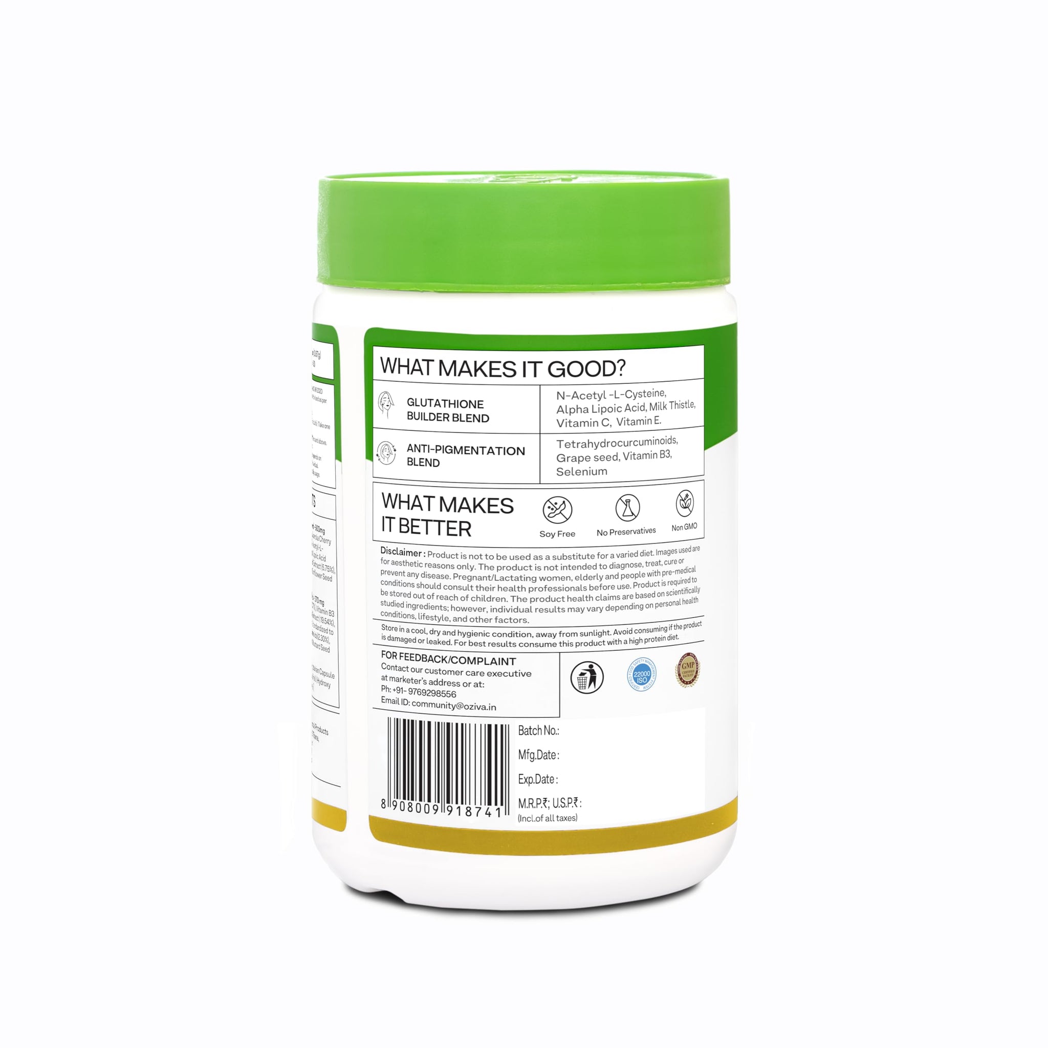 OZiva Plant Based Glutathione Builder Capsules, 60 Count, Antioxidant Nutritional Supplement, Unisex - size and scale
