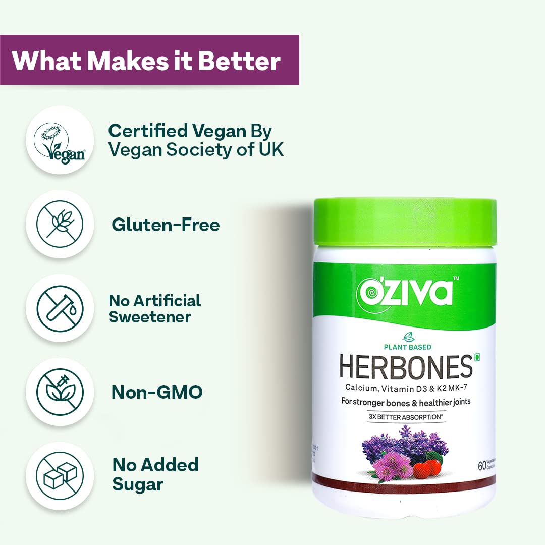 OZiva Plant Based HerBones Women's Nutritional Supplement, 60 Capsules, 70g, Certified Vegan - close-up detail