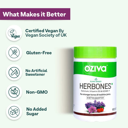 OZiva Plant Based HerBones Women's Nutritional Supplement, 60 Capsules, 70g, Certified Vegan - close-up detail