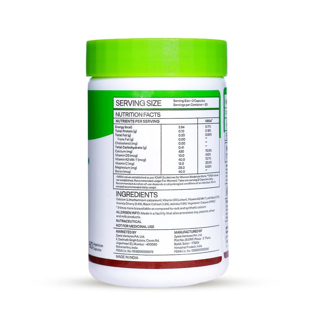 OZiva Plant Based HerBones Women's Nutritional Supplement, 60 Capsules, 70g, Certified Vegan - size and scale
